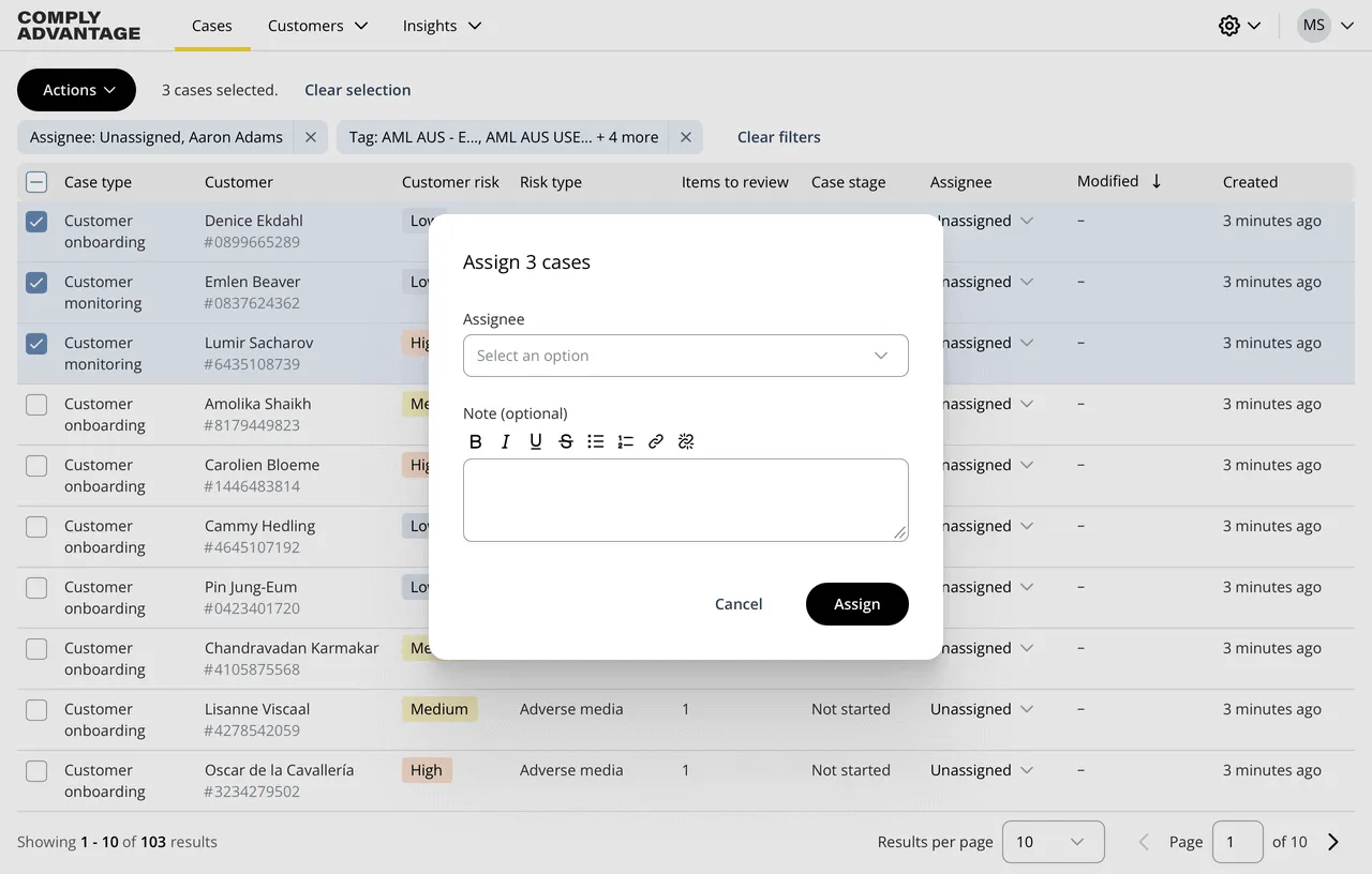 UI displaying a list of cases in a table, with a popover for bulk actions
