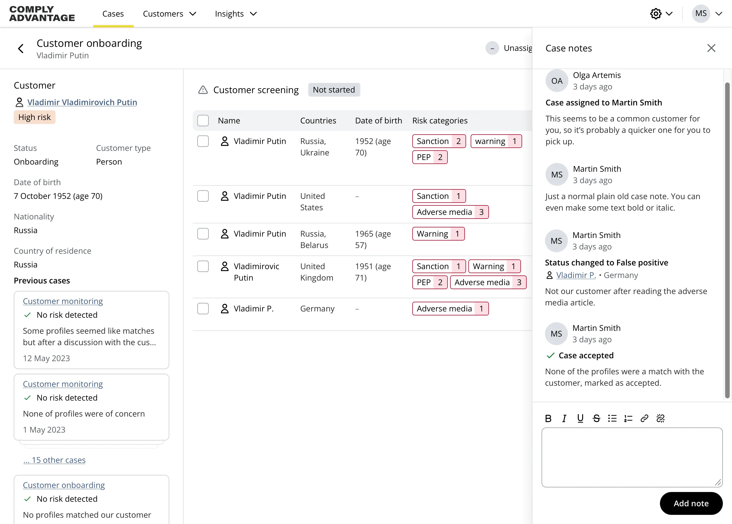 UI displaying a list of cases in a table, with a popover for editing the current filters