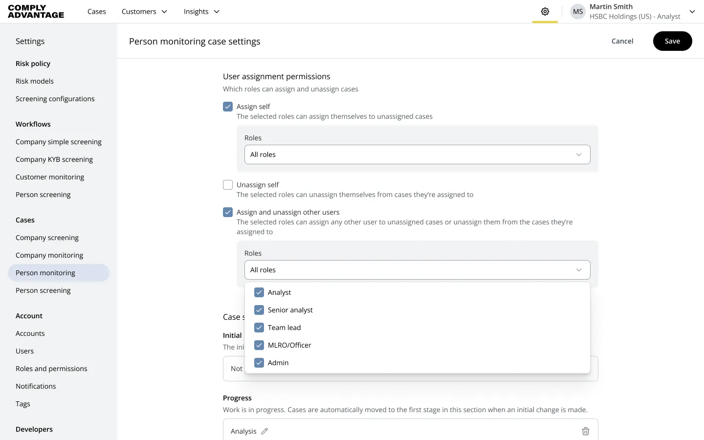 UI displaying a list of cases in a table, with a popover for editing the current filters