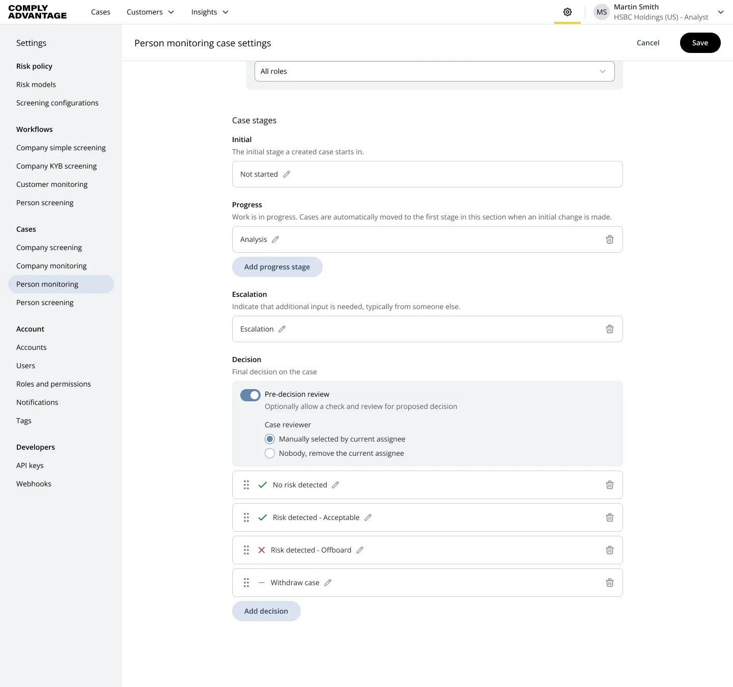 UI displaying a list of cases in a table, with a popover for editing the current filters