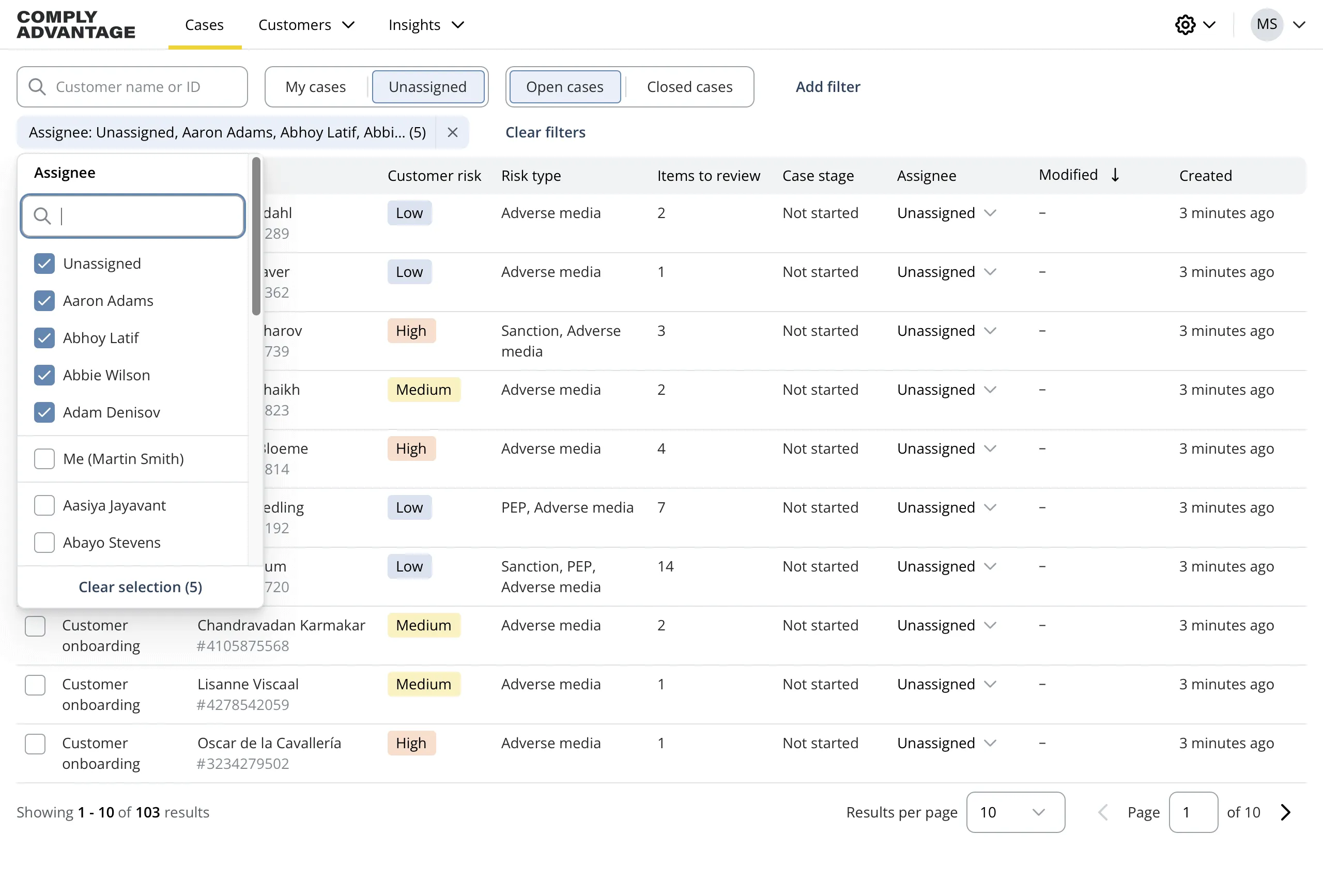 UI displaying a list of cases in a table, with a popover for editing the current filters