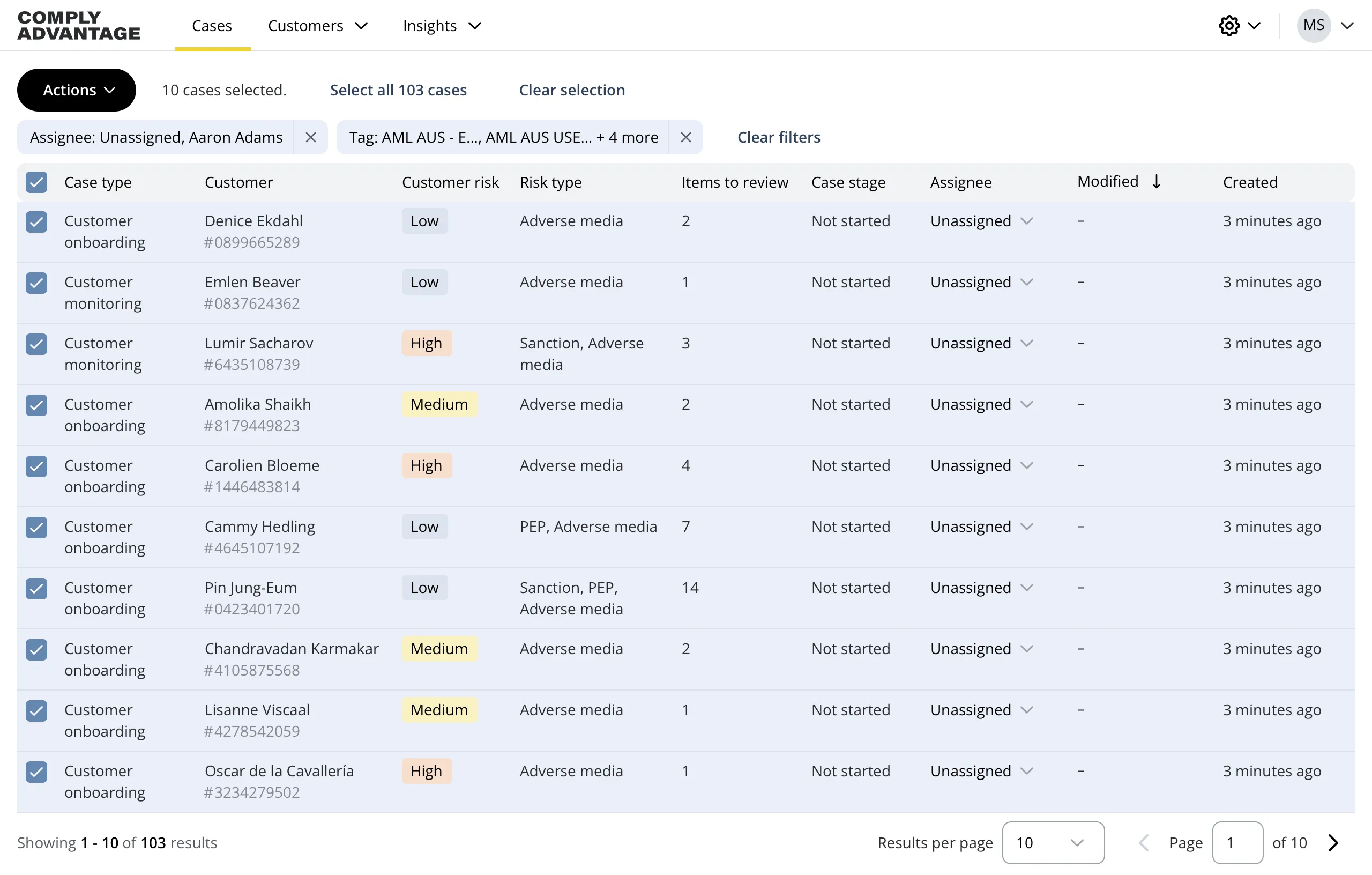 UI displaying a list of cases in a table, with a popover for bulk actions