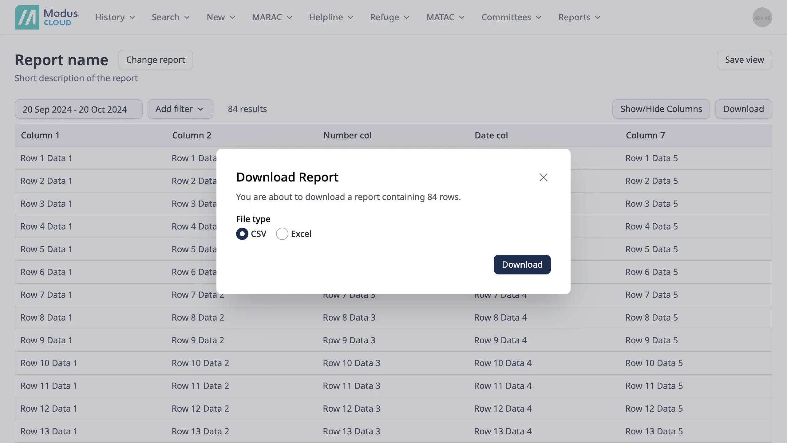 Dialog presenting the options to export the report