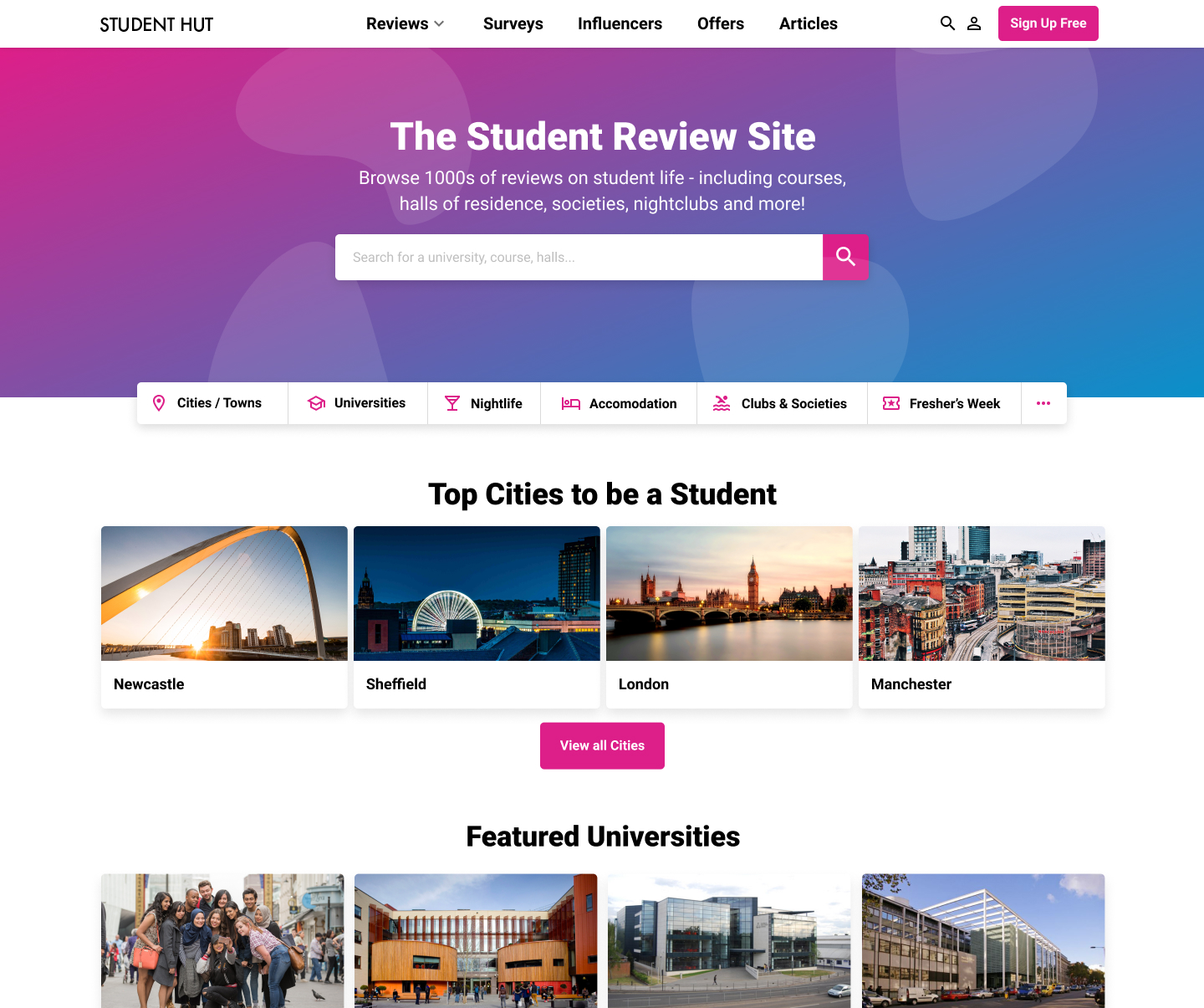 Redesigned student hut home page